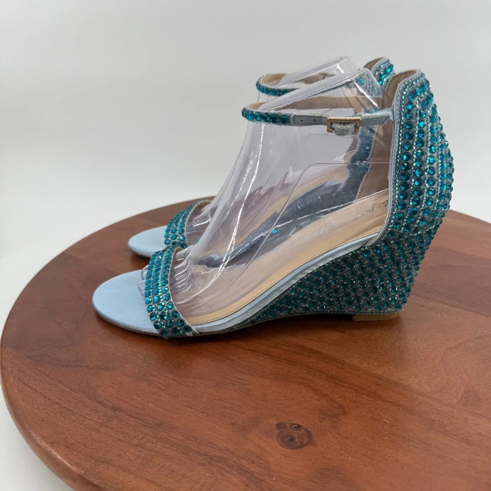 Betsey Johnson SB-DEBIE Wedge Sandals Womens Blue Rhinestone Crystal 9.5M